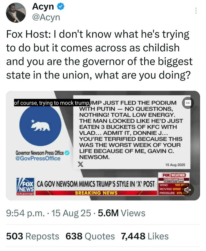 A social media post featuring Fox News discussing Governor Newsom mimicking Trump, an Eat The Rich political satire.