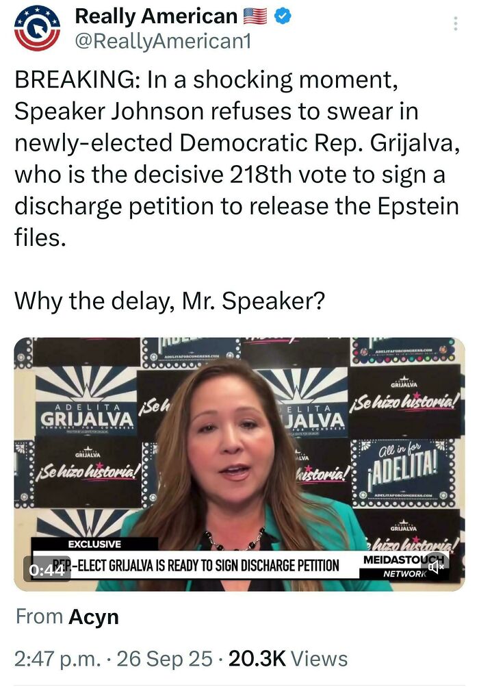 A tweet about Speaker Johnson and Rep. Grijalva, an Eat The Rich moment related to Epstein files.