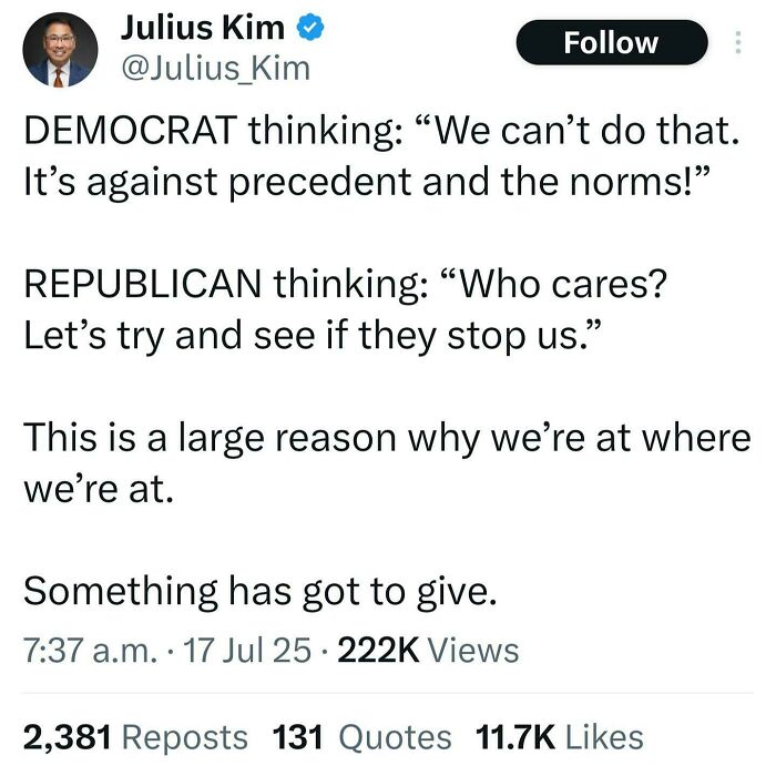 A social media post contrasting Democrat and Republican thinking, highlighting Eat The Rich political perspectives.