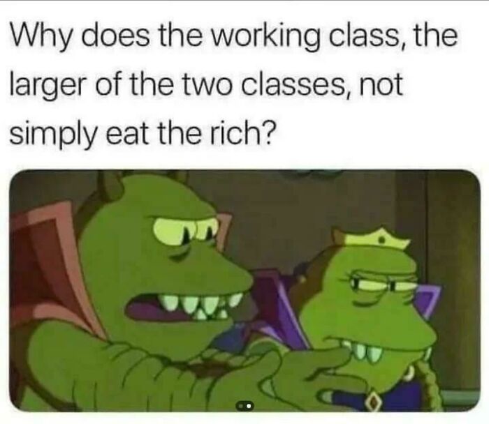 A meme with two frog-like cartoon characters asking, Why does the working class not simply eat the rich?