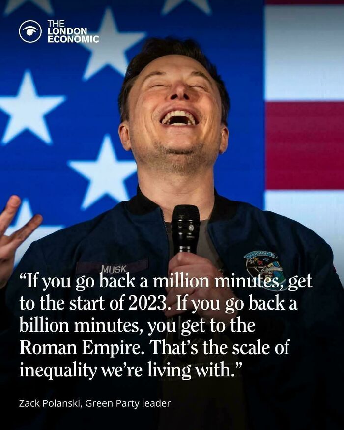 Elon Musk laughing in front of an American flag, with a quote about inequality, a prime Eat The Rich moment.