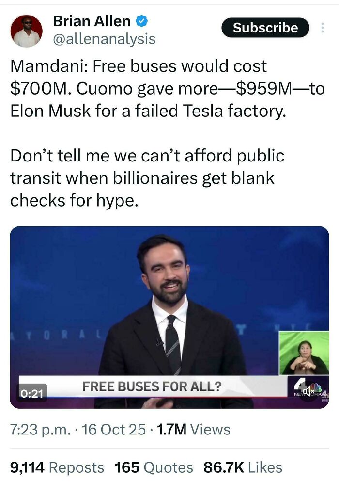 A social media post shows a news anchor discussing free buses and billionaires, highlighting an 'Eat The Rich' moment.