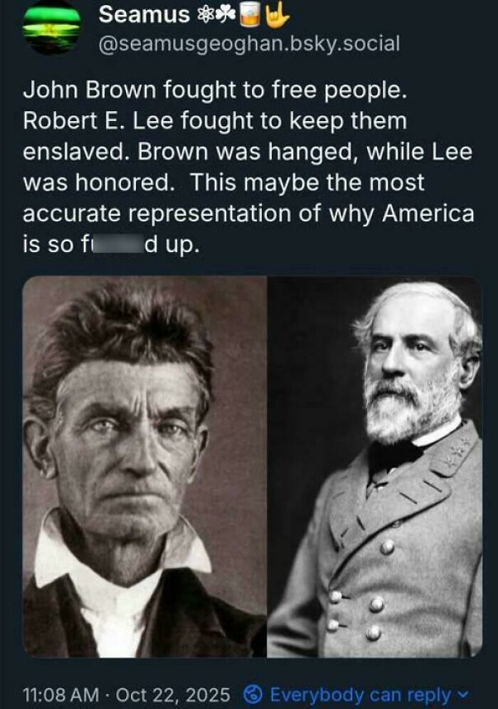 A split image comparison of John Brown and Robert E. Lee, highlighting Eat The Rich moments.