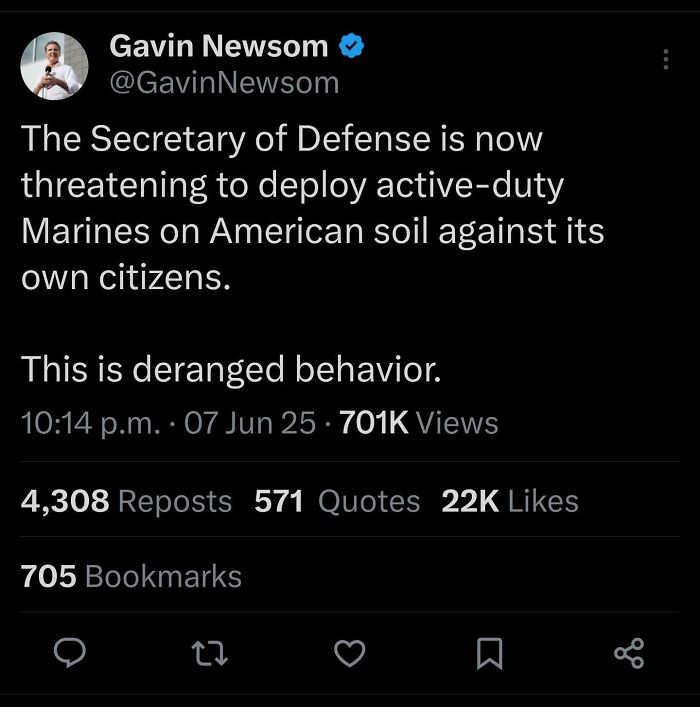 A tweet from Gavin Newsom about deploying Marines, an example of Eat The Rich moments.