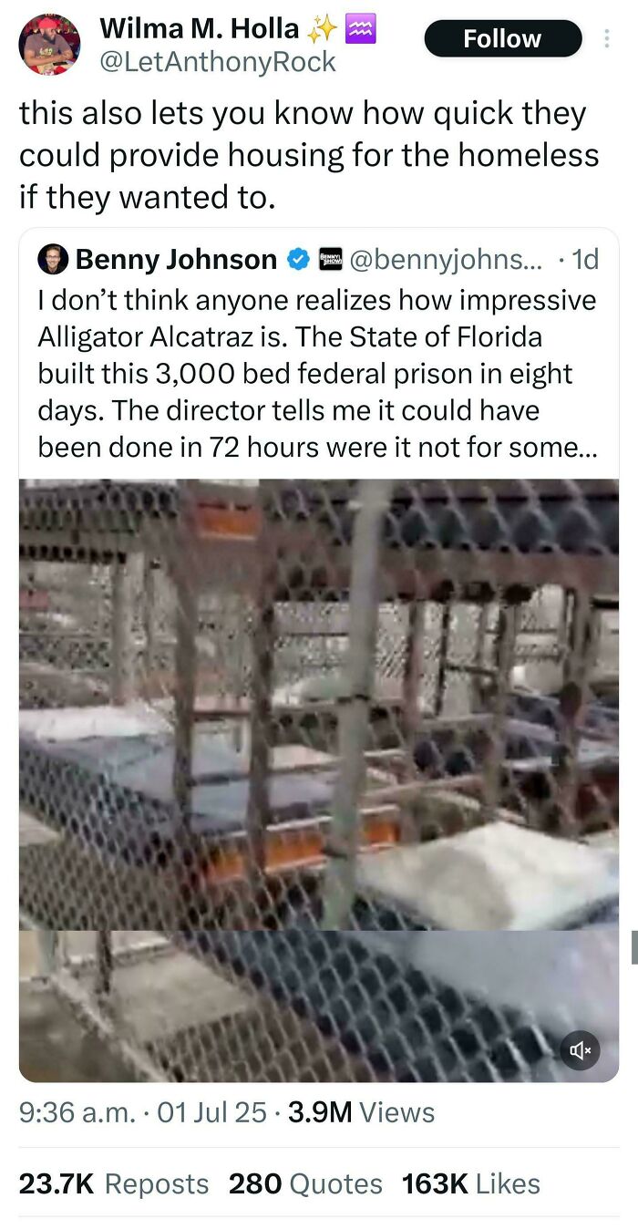 A social media post showing a prison with multiple beds, an Eat The Rich moment about rapid housing for the homeless.