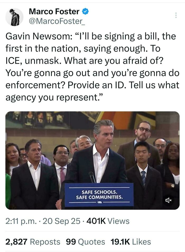 A tweet by Marco Foster quoting Gavin Newsom on a bill, highlighting an Eat The Rich moment.