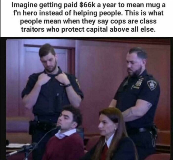 An image with text about cops protecting capital, showing officers and people, illustrating an 'Eat The Rich' moment.