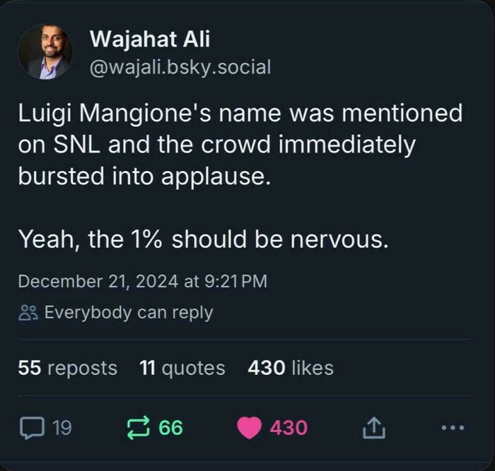 A social media post mentioning Luigi Mangione on SNL and the 1% being nervous, an Eat The Rich reference.