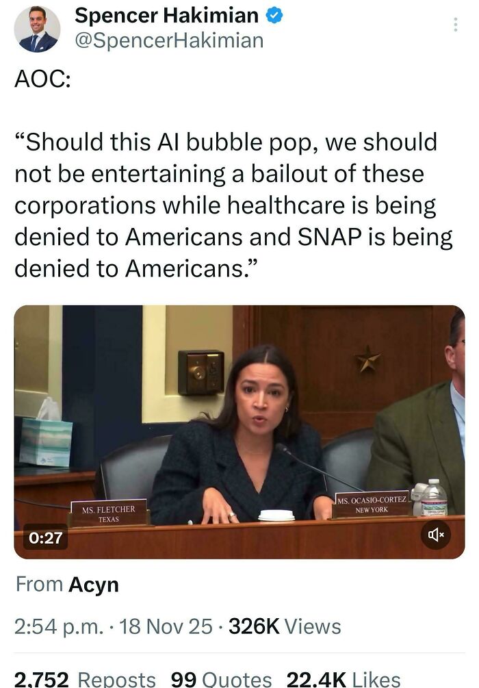 AOC speaking at a hearing, advocating for Eat The Rich policies by discussing AI bubble and healthcare.