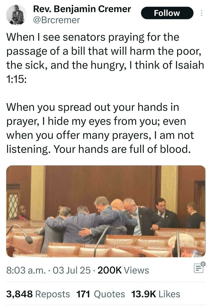 A social media post shows politicians praying, referencing an 'Eat The Rich' moment and the exploitation of the poor.