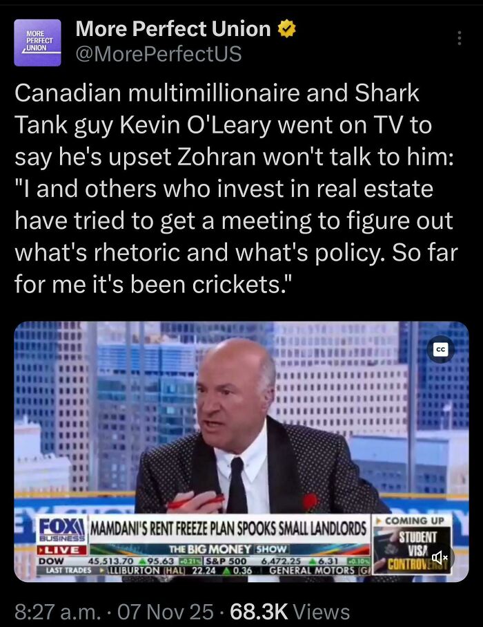A social media post from More Perfect Union about Kevin OLeary discussing Zohran Mamdanis rent freeze plan and its impact on small landlords, an Eat The Rich moment.