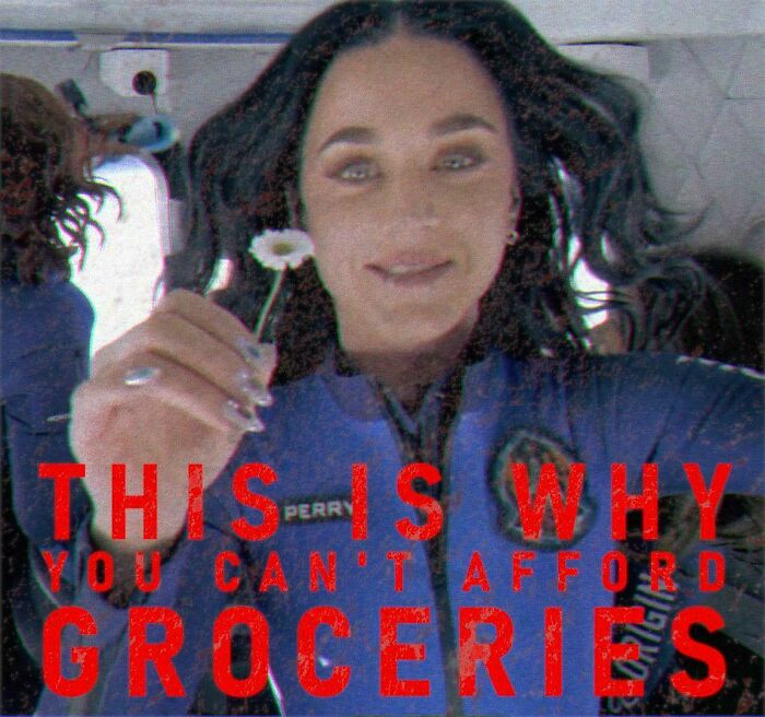 Katy Perry in a spacesuit holding a flower with text: THIS IS WHY YOU CAN’T AFFORD GROCERIES, a stark 'Eat The Rich' moment.