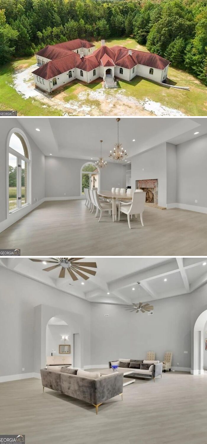 Sprawling mansion surrounded by lush greenery, featuring an opulent interior, influencing Temu-like builds.