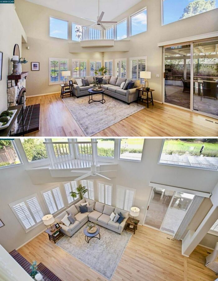 Two views of a living room with high ceilings, large windows, and a sectional sofa, showcasing a mansion-inspired, Temu version design.