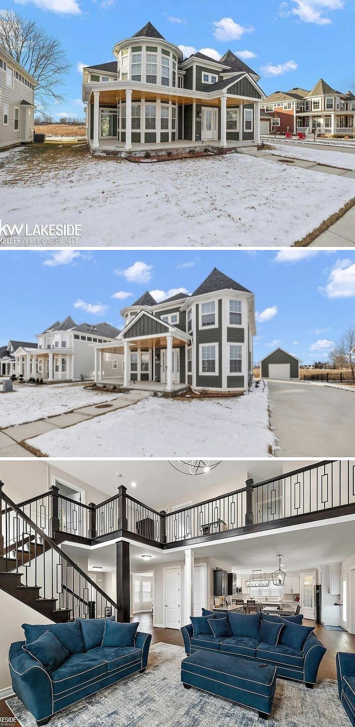 Top: Exterior of a mansion-inspired house with turret-like structures. Bottom: Interior with a large living area and staircase, a Temu version.
