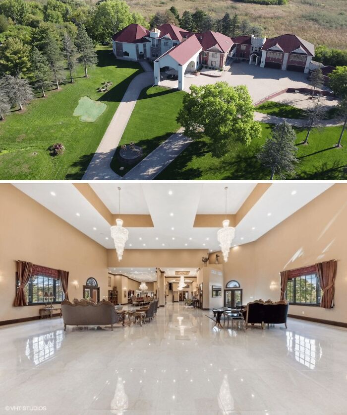 Top: Aerial view of a sprawling mansion-inspired estate. Bottom: Grand foyer interior with high ceilings and chandeliers, a Temu version.