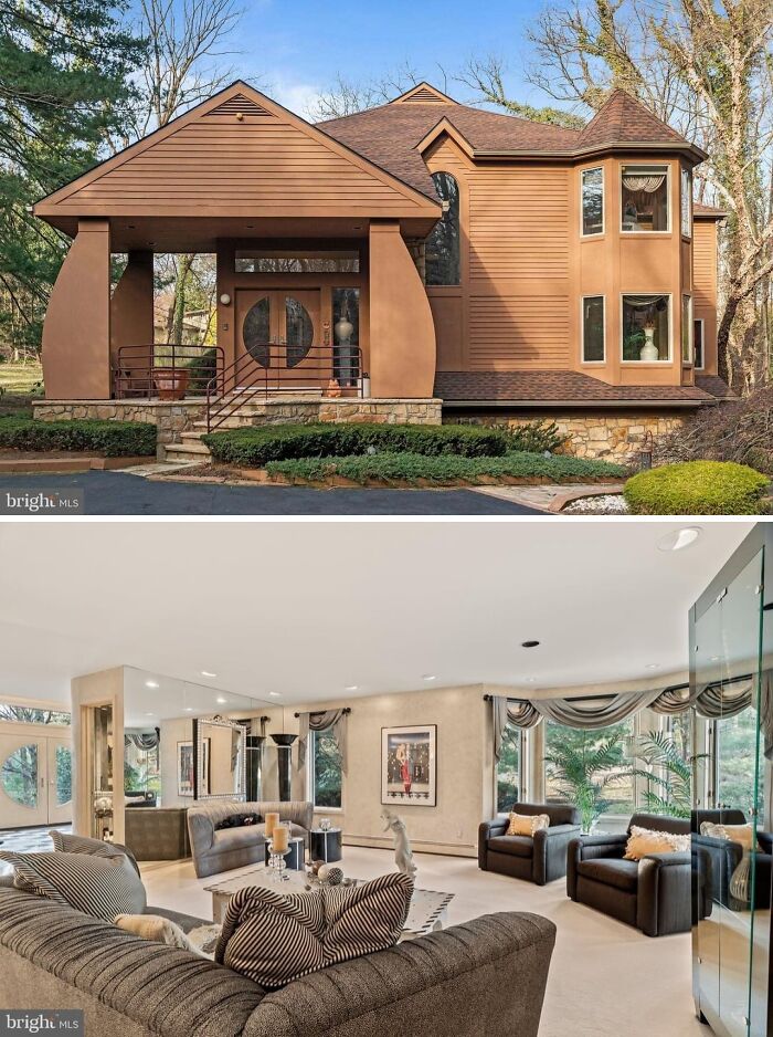 A brown mansion exterior and a modern living room, displaying inspiration from mansions built as a Temu version.