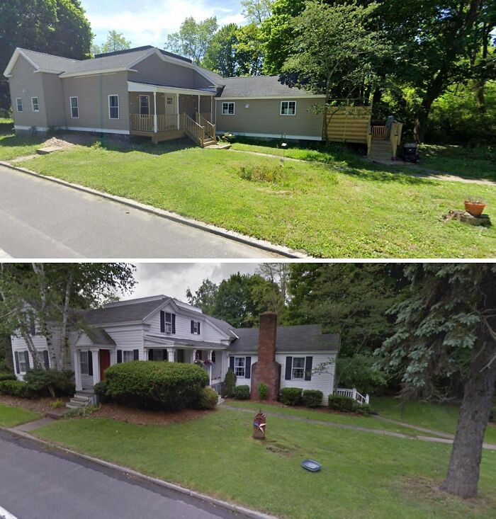 A beige two-story house with a front porch, showcasing a Temu-inspired version of a mansion.