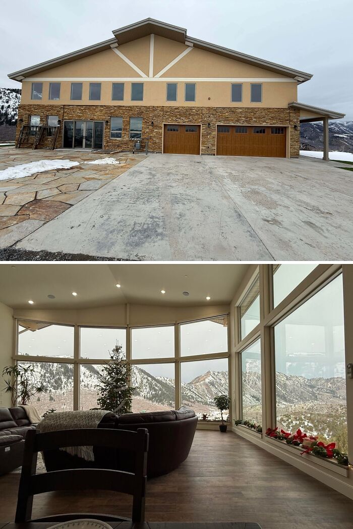A mansion exterior with stone and stucco, featuring multiple windows and two garage doors, built with Temu inspiration.