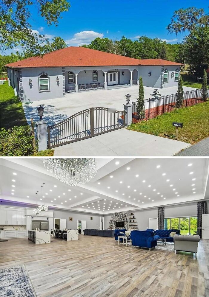 A mansion exterior with a red roof and a vast interior with chandeliers, showcasing grand home inspiration.