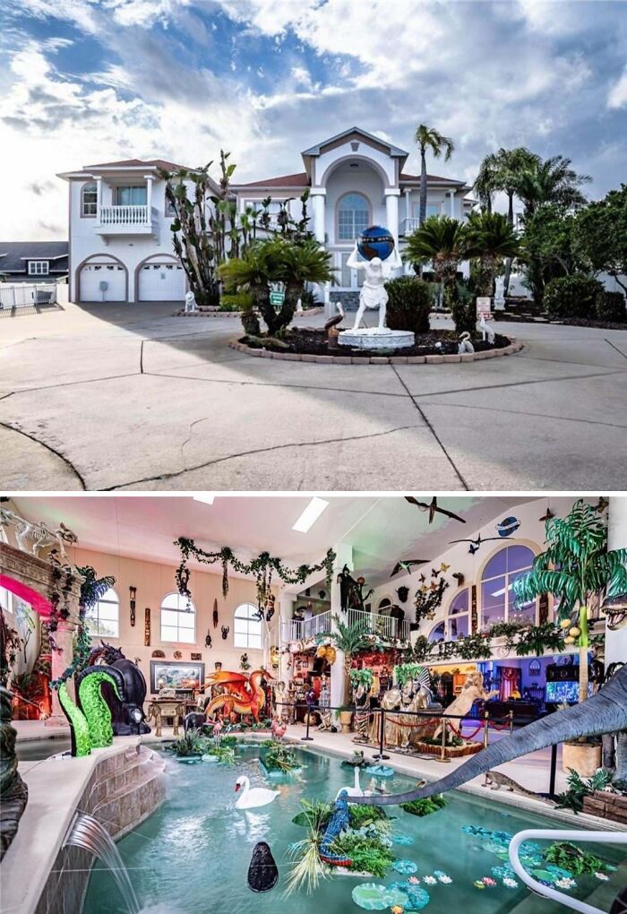 A mansion exterior with palm trees and a wild, eclectic interior with a pool, demonstrating mansion inspiration.