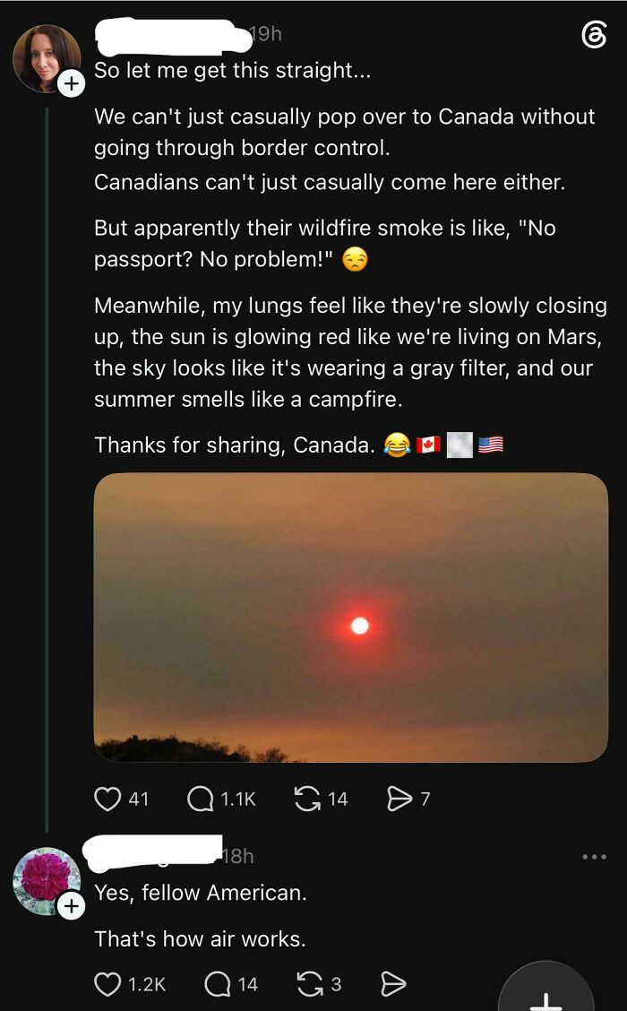A social media post complaining about Canadian wildfire smoke impacting the US, with a reply sarcastically explaining how air works, illustrating a lack of basic scientific understanding common in a 'stupid nation'.