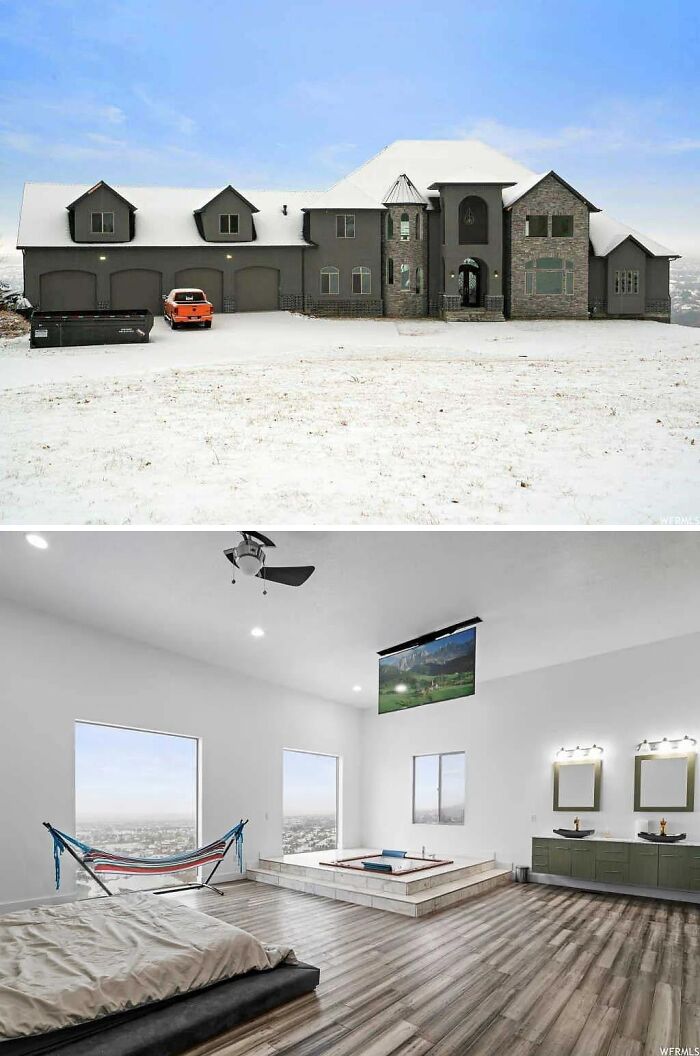 A mansion exterior in snow and a modern interior with a hammock, showcasing mansion inspiration from Temu.