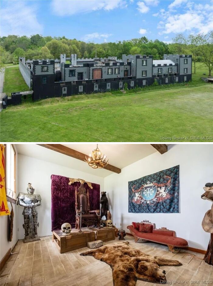 An exterior view of a mansion-inspired castle-like home and an interior with a throne, resembling a Temu build.