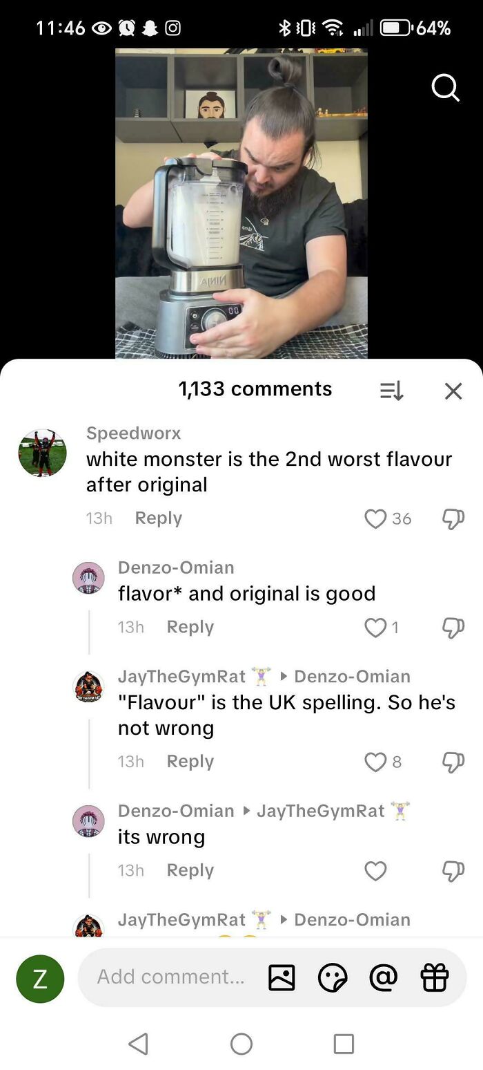A social media screenshot with a debate over the spelling of 'flavour' vs 'flavor', highlighting a minor linguistic misunderstanding that contributes to the 'stupid nation' theme.