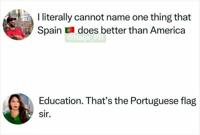 A social media exchange where one person mistakes the Portuguese flag for the Spanish flag, revealing a lack of basic geographical knowledge, supporting the idea of a stupid nation.