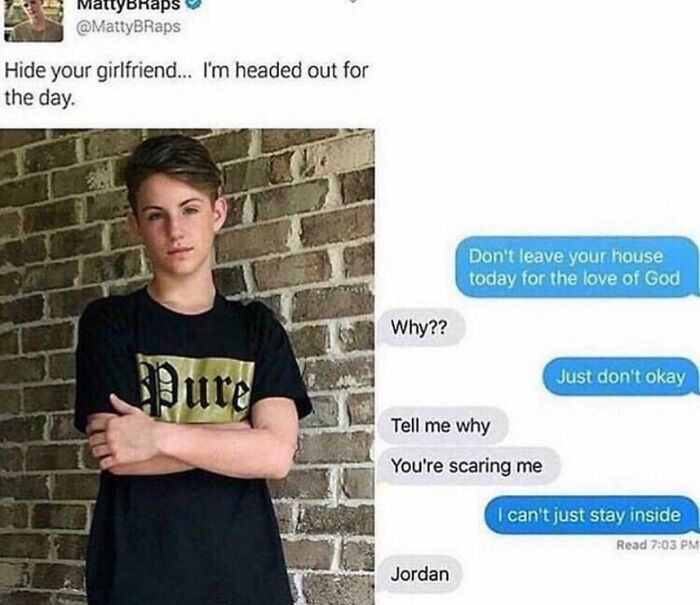 A screenshot of hilarious texts and a tweet from MattyBRaps, showing a conversation about staying inside.