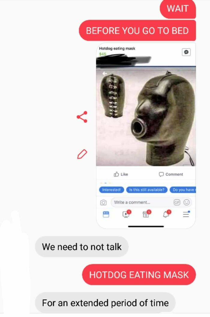 A screenshot of hilarious texts discussing a 'hotdog eating mask' with an image of the bizarre mask.