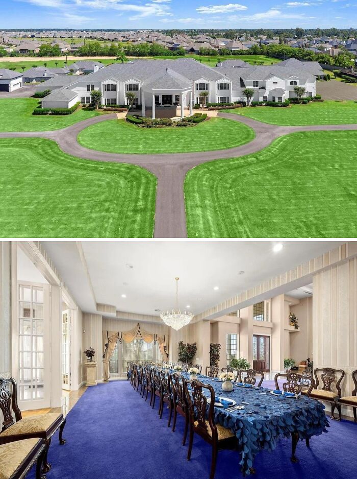 An aerial view of a sprawling white mansion with a circular driveway and a manicured lawn, contrasted with a long dining table inside.