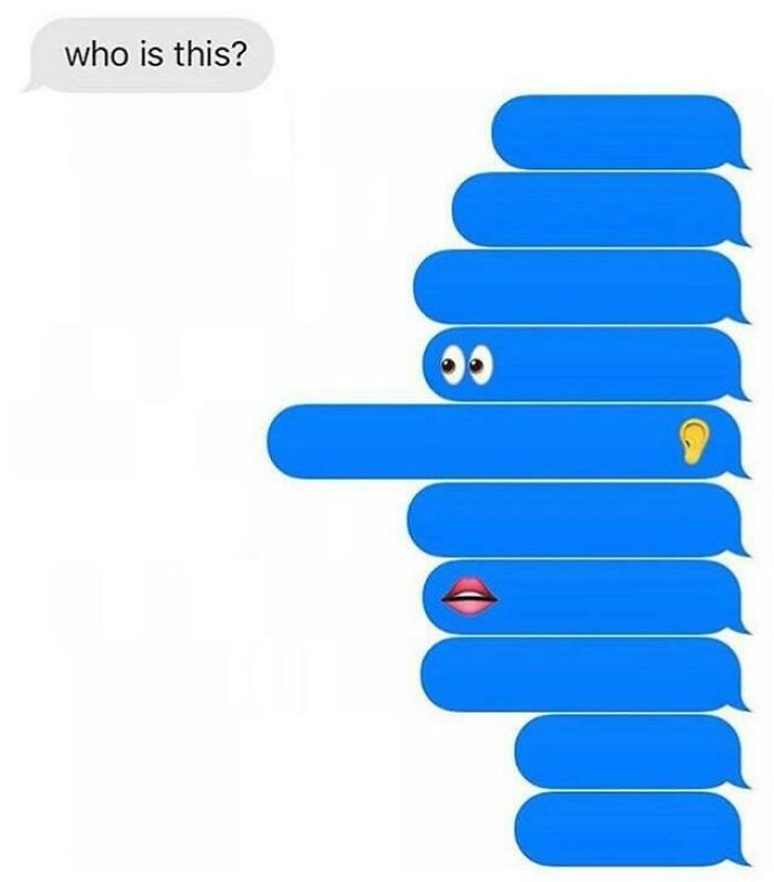 A screenshot of hilarious texts showing blue text bubbles forming a face, asking Who is this?, a cringe or cry-laugh moment.
