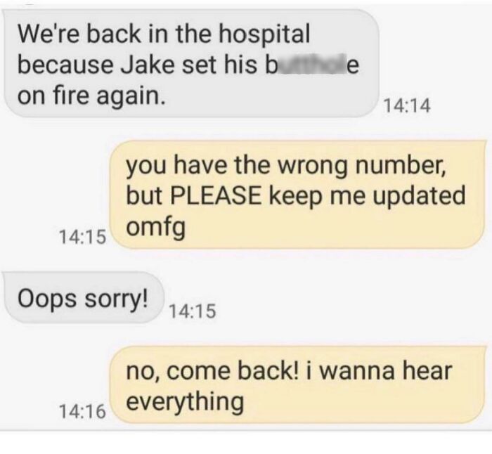 A screenshot of hilarious texts showing a conversation about a child setting something on fire, sent to the wrong number.