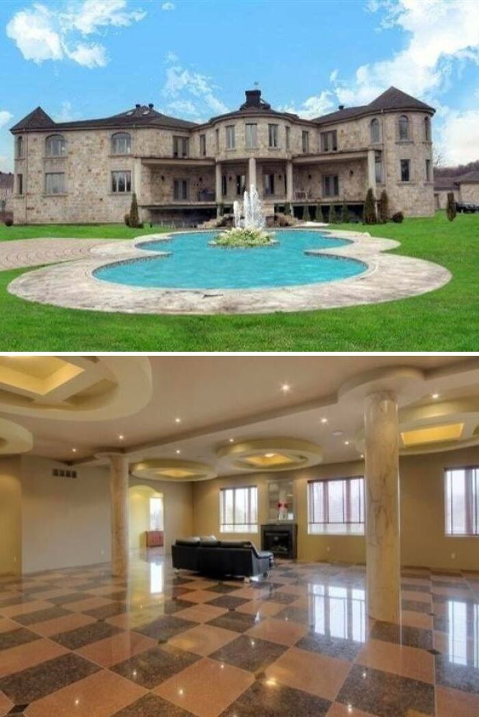 A large stone mansion with a pool and fountain, exhibiting Temu-inspired opulence in its exterior and interior.