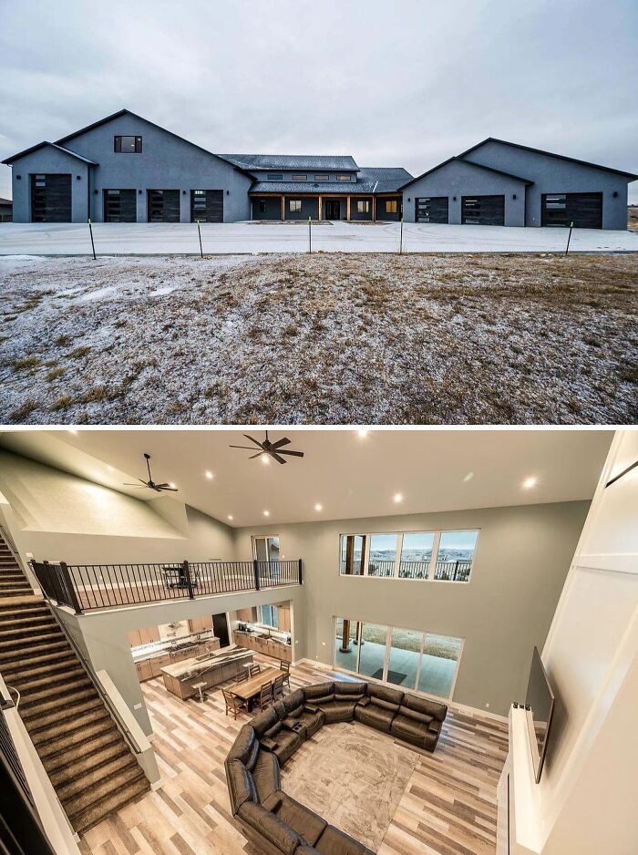A contemporary mansion with a dark gray exterior, multiple garage doors, and a spacious open-concept interior with large windows.