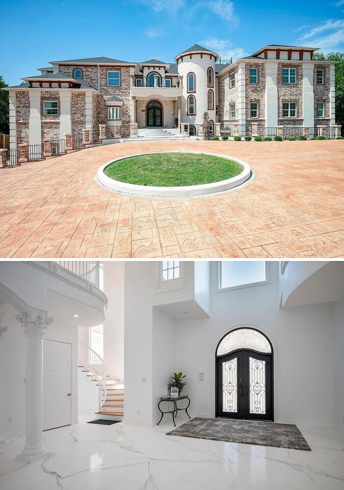 A luxurious mansion with a grand entrance, a circular driveway with a grassy island, and a palatial interior with high ceilings.