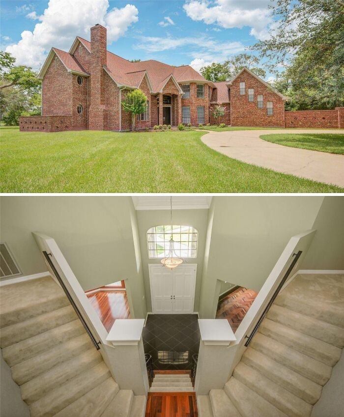 A classic red brick mansion featuring a large chimney and an elegant driveway, along with an interior view of its grand staircase.
