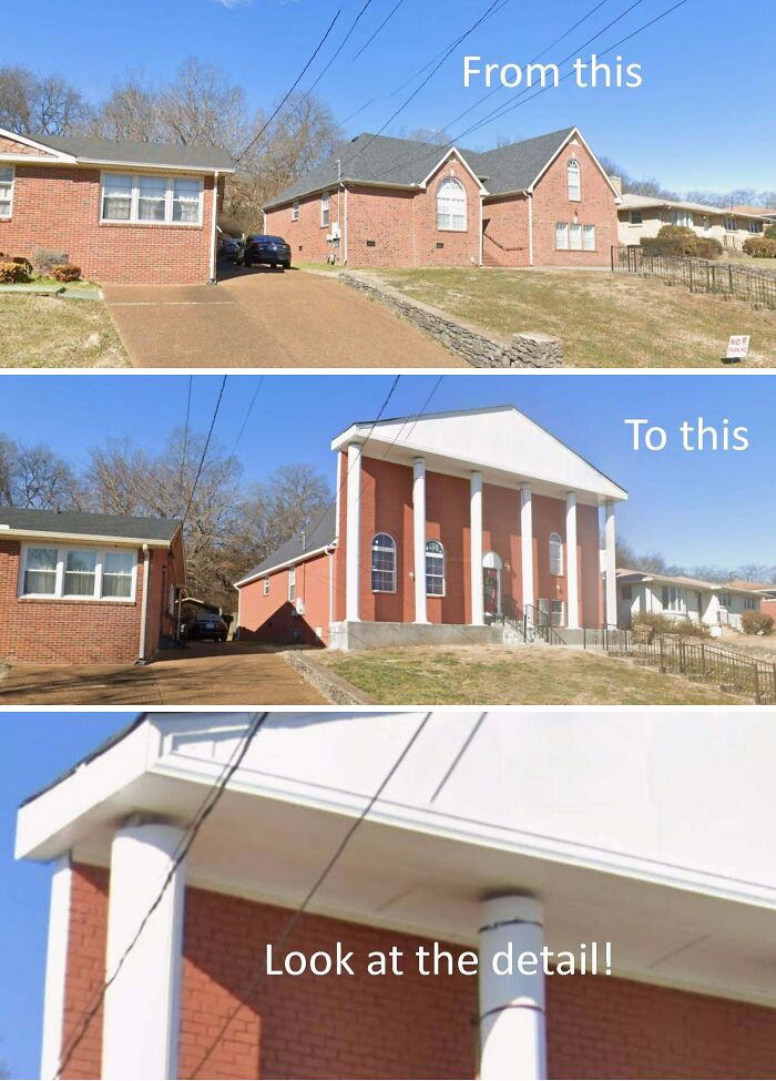 Before and after images of a brick home with Temu-like mansion additions, including grand columns.