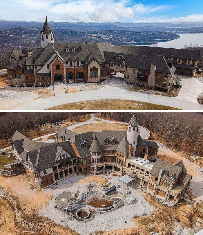 An expansive mansion, resembling a castle, situated on a hill with a lake view.