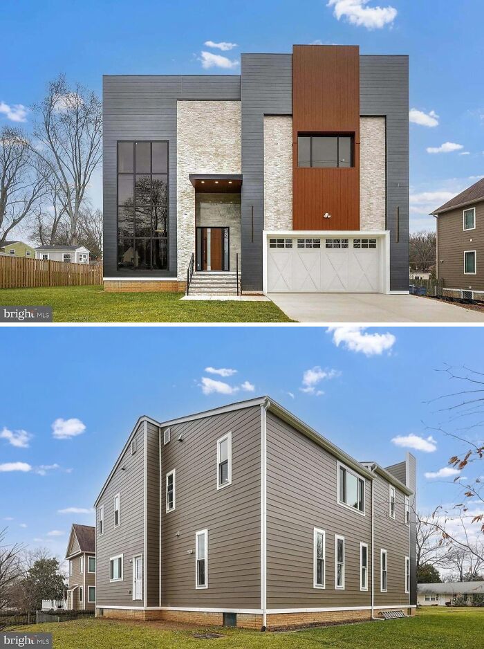 A split image shows a modern mansion and a less impressive version built from Temu inspiration.