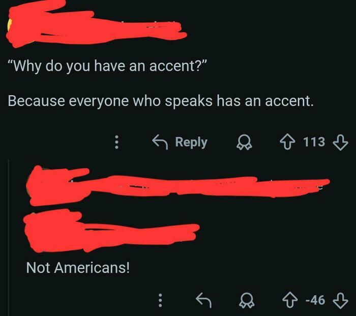 A comment claiming Americans don't have accents, further proving American stupidity.