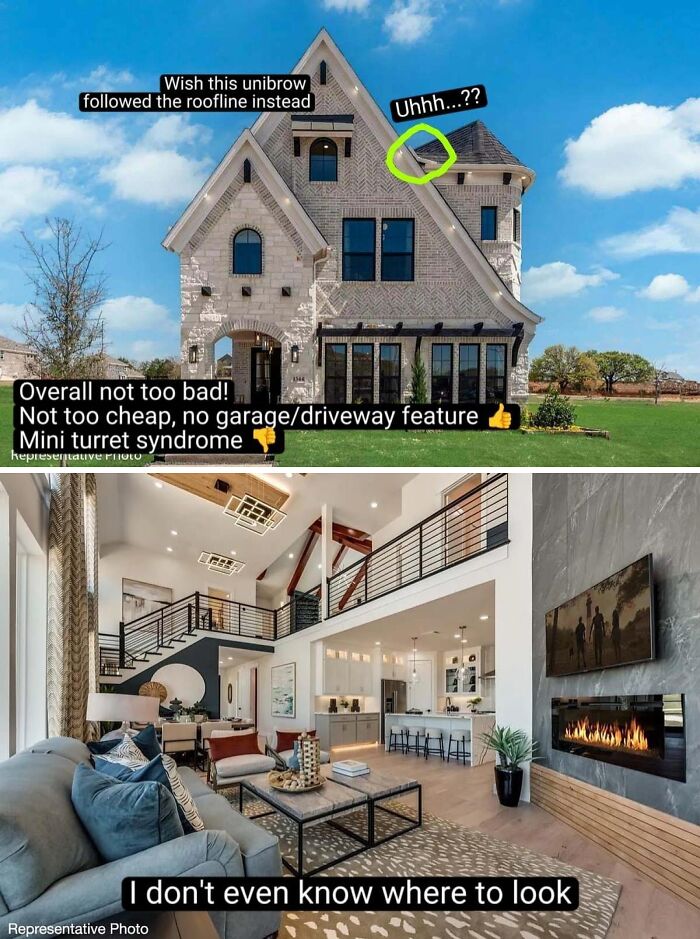 Modern house exterior with design critiques and a cluttered interior. People build mansions that can look like a Temu version.