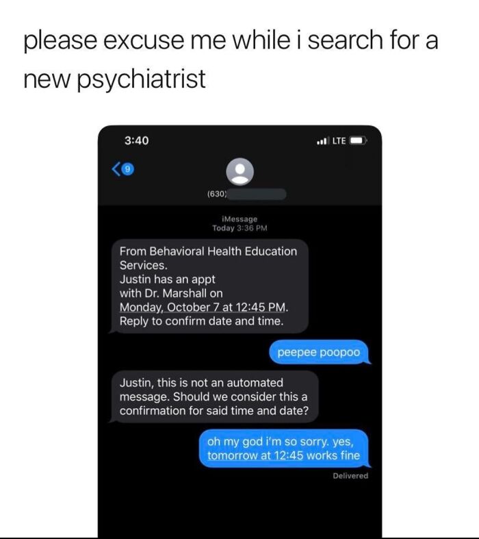 A screenshot of hilarious texts where someone replies peepee poopoo to an appointment confirmation.