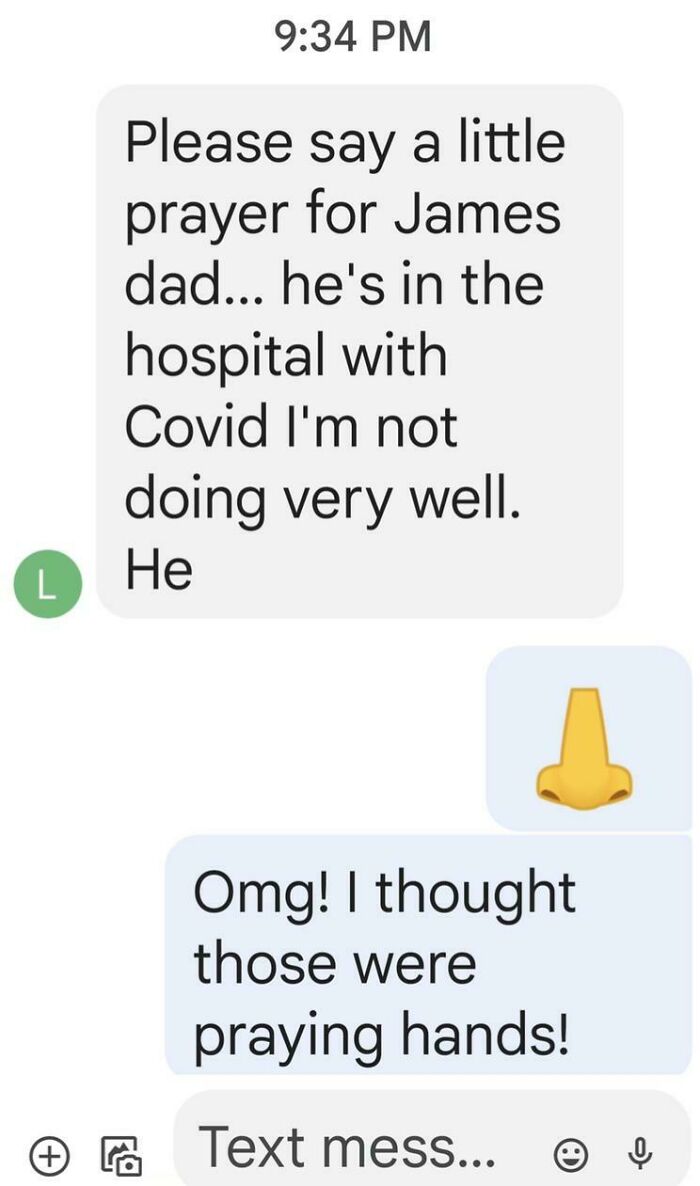 A screenshot of hilarious texts where a prayer request with a nose emoji is mistaken for praying hands, causing a cringe reaction.