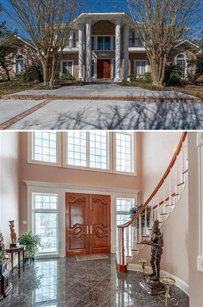 Two images, a mansion exterior with grand columns and an interior featuring a grand staircase and marble floor, inspired by mansions.