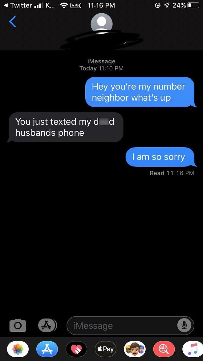 A screenshot of hilarious texts showing a person accidentally texting a dad instead of a 'number neighbor', creating a cringe moment.