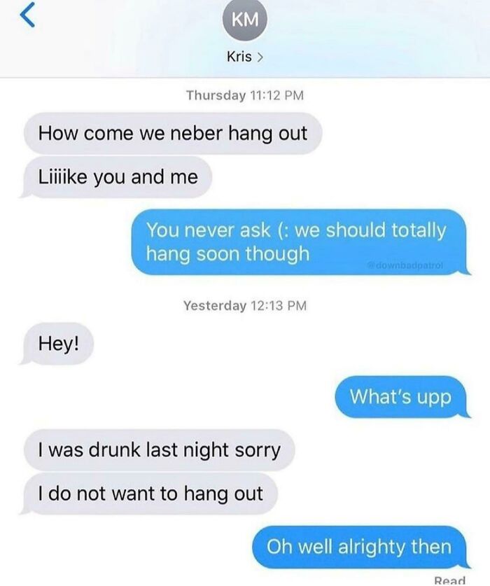 A screenshot of hilarious texts where someone cancels plans after getting drunk, making for a cringe-worthy exchange.