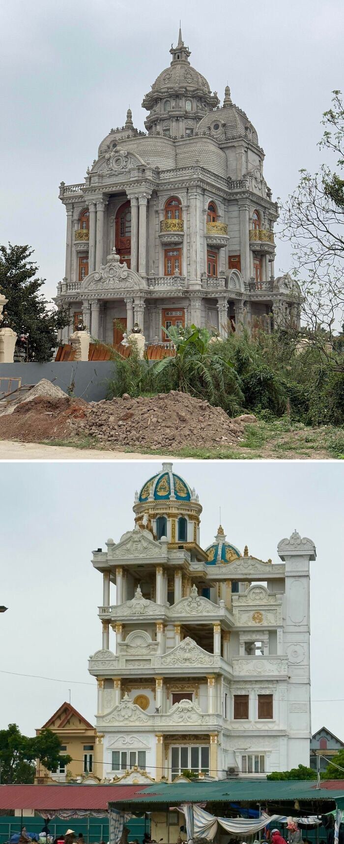 Two views of an ornate, over-the-top mansion under construction. Sometimes people's dream mansions end up looking like a Temu version.